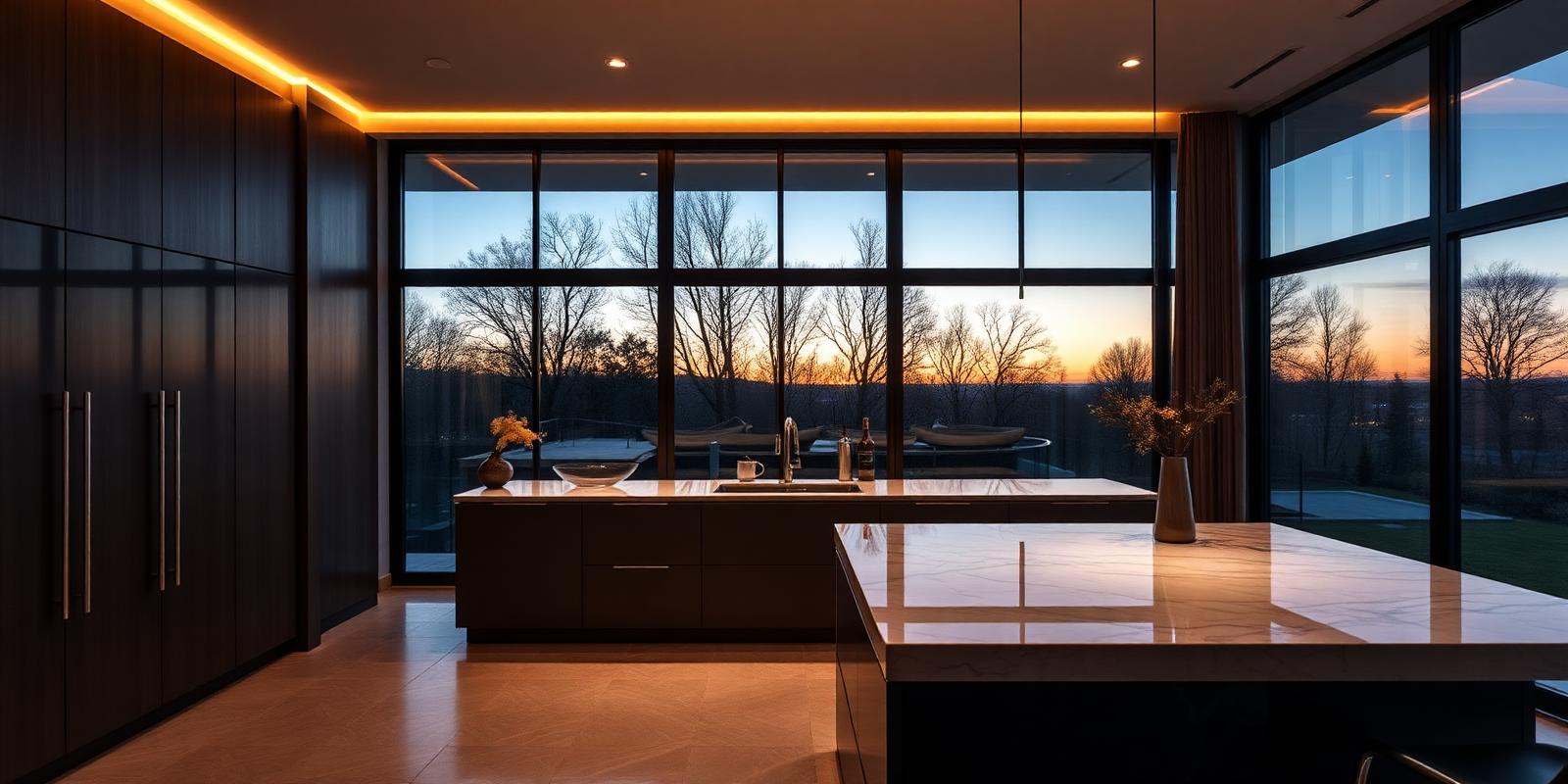 Cozinha moderna ao entardecer